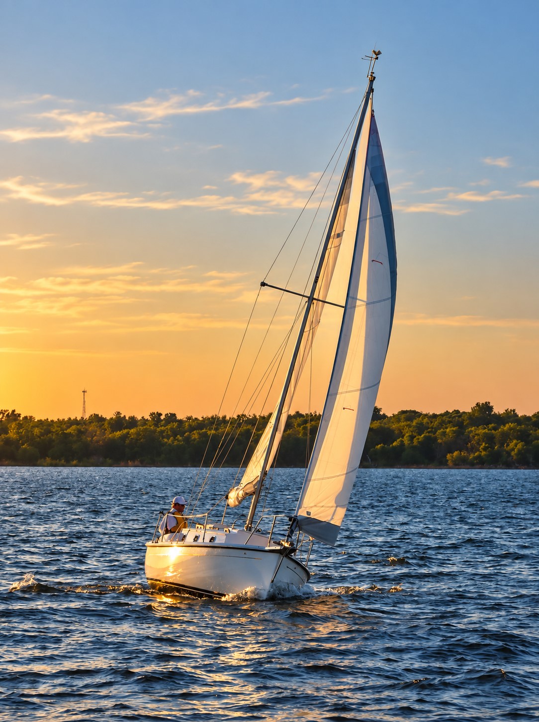 Sailboat with full sails at sunset